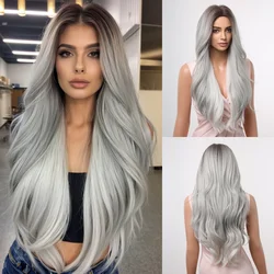 Long Body Wavy Wigs Grey with White Cosplay Synthetic Hair Wigs for Women Party Lolita Use Fake Hair Heat Resistant Dark Root