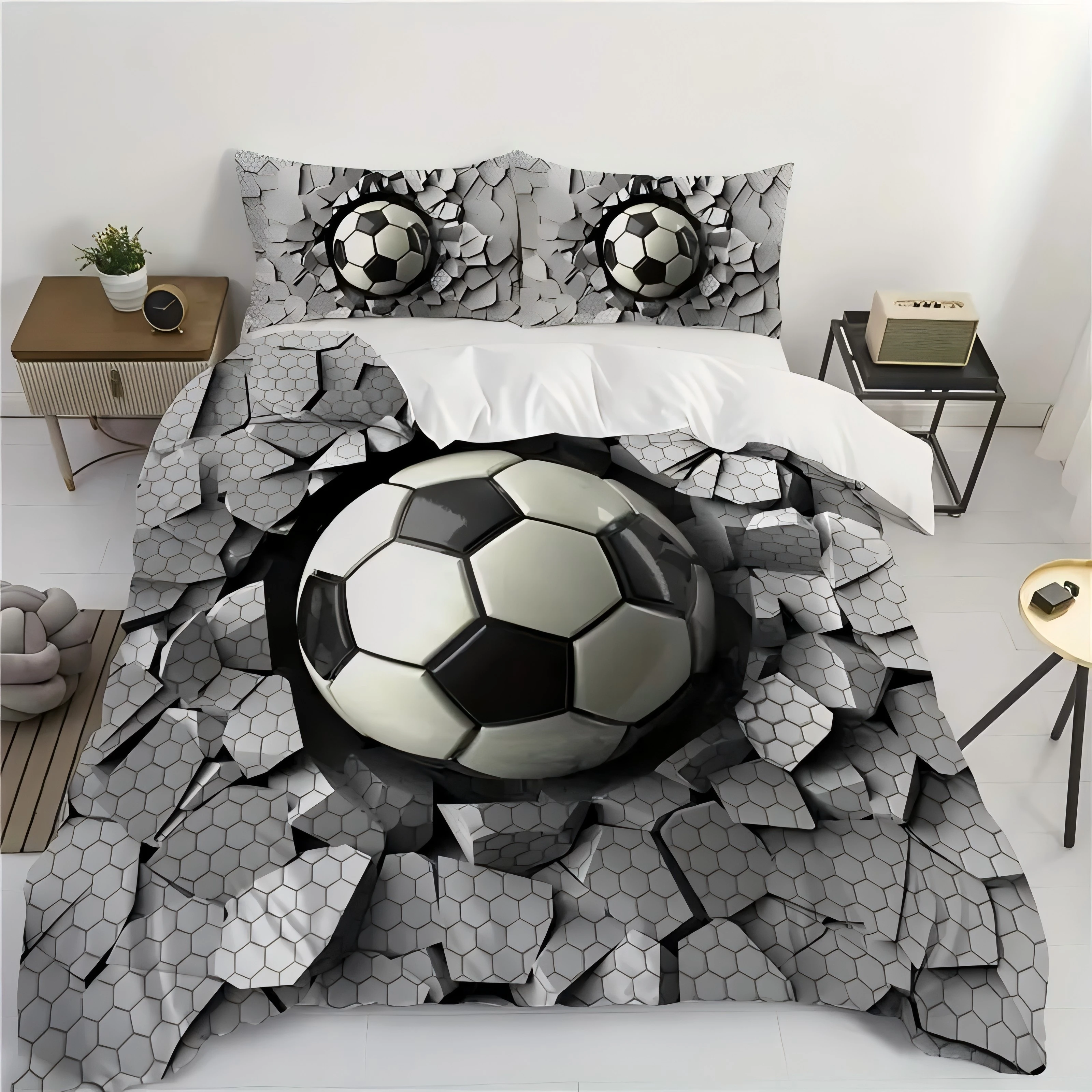 

Football impact cement wall hexagonal impact crush print Quilt cover 3D visual effects style Polyester Comfortable Duvet Cover