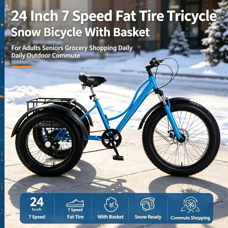 24 Inch 7 Speed Fat Tire Tricycle Snow Bicycle With Basket For Adults Seniors Grocery Shopping Daily Outdoor Commute