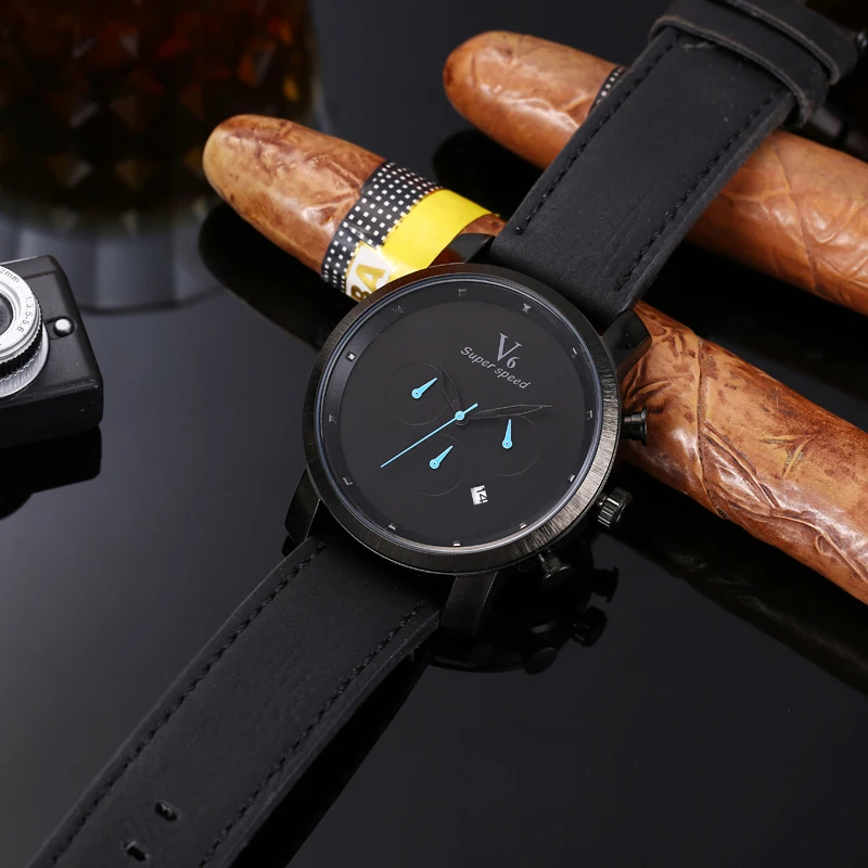 Relógio de quartzo personalizado masculino, display analógico, marrom, preto, pulseira de couro, relógio de pulso masculino, data, moda casual, V6, L176