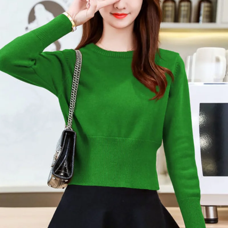 Women Autumn Winter New O-Neck Pullover Sweater Commuting Simple Knit Bottom Shirt Slim Look Thinner Versatile Long Sleeved Tops