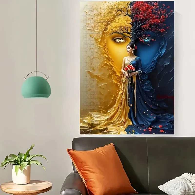 1000 قطعة أحجية الصور المقطوعة - امرأة أنيقة مع فستان زهري، تصميم فني ذهبي وأزرق، لعبة تحدي DIY للبالغين، عائلة #3