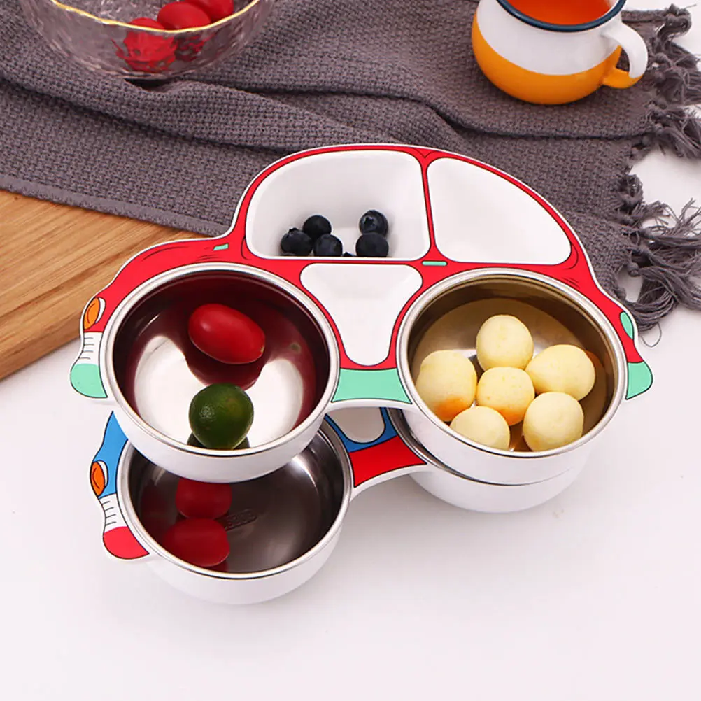 

1 комплект, детская тарелка в форме автомобиля с героями мультфильмов, противоскользящий набор для кормления малышей, секретная миска, вилка, ложка, детское блюдо из нержавеющей стали