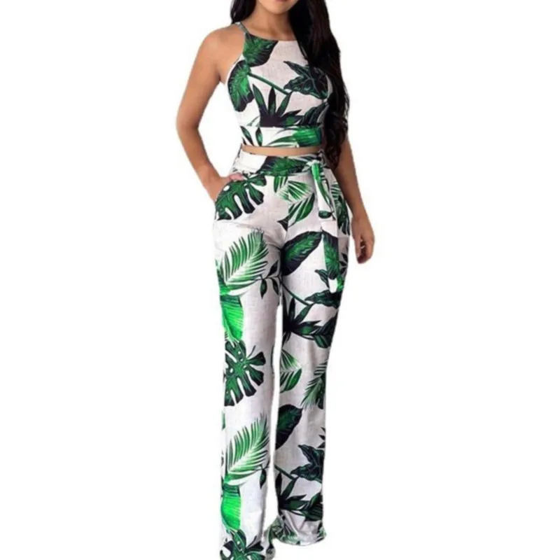 Women's Summer Two Piece Pants Set 2025 Fashion Print Sleeveless Vest High-waisted Wide-leg Pants Two Piece Suit Female Clothing