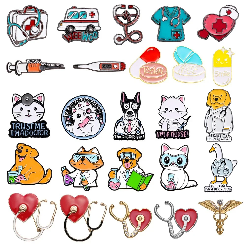 

Medical Metal Brooch Needle Tube Stethoscope First Aid kit Cat Nurse Dog Doctor Animal Patient Medical Badge Punk Pins Jewelry