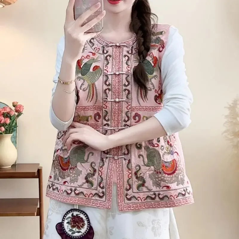 

Розовый жилет с вышивкой и цветком в китайской традиции, топ, женская куртка без рукавов Hanfu, роскошная одежда Hanfu Qipao Tang, верхняя одежда на пуговицах