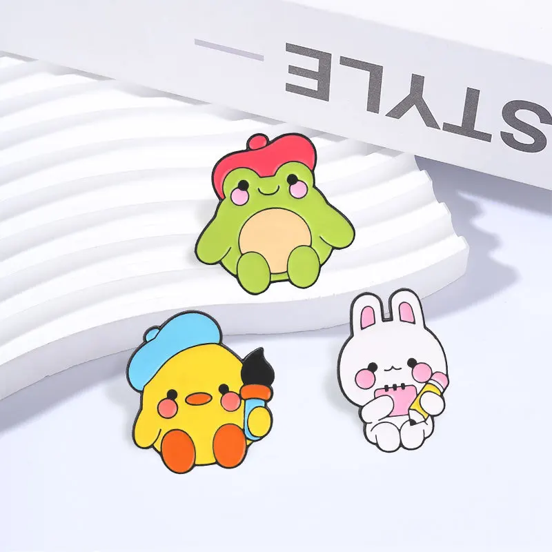 Kawaii Animal Bunny Duck Drawing Text Frog Smile Pins Brooch Accessory Collar Bag Hat Ornament Gift For Friends Souvenirs Props