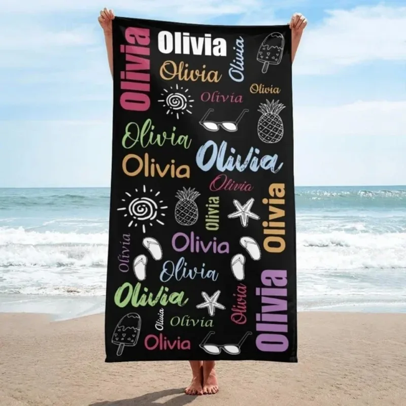 Multi Color Font Design Beach Towel Personalized Name Bath Towel Custom Pool Towel with Name Outside Birthday