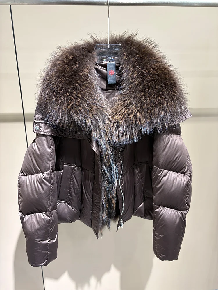 Fashion Winter Warm White Goose Down Jacket Natural Raccoon Fur Collar Coat Luxury Women Casual Puffer Jackets Parkas Clothing
