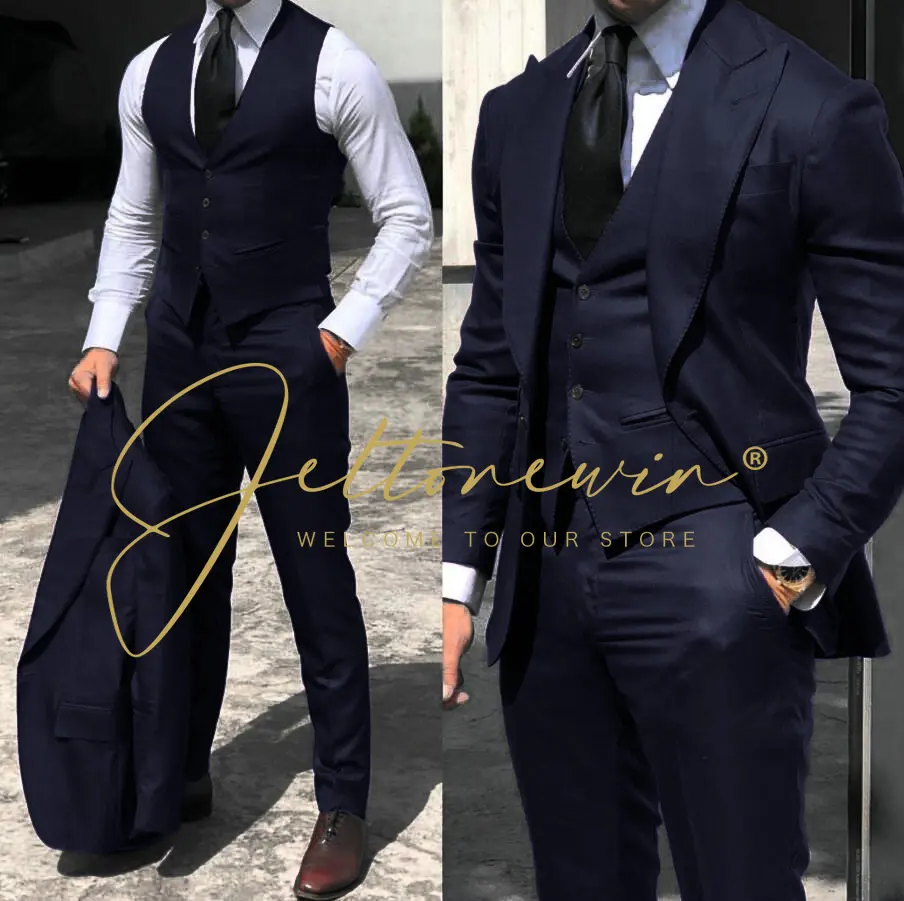 Traje clásico negro de 3 piezas para hombre, conjunto de esmoquin con solapa de pico, trajes de boda para padrino de boda, chaqueta de negocios, pantalones y chaleco, 2024