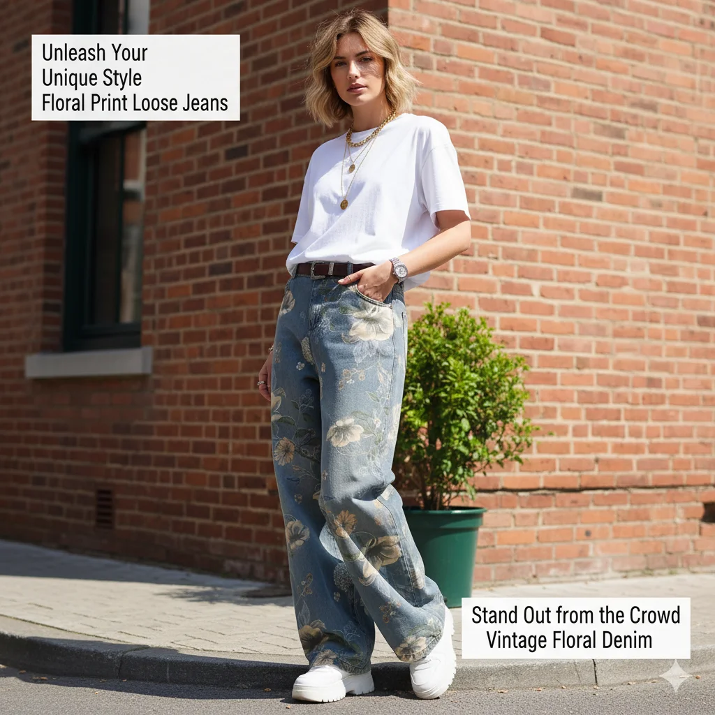 

Retro Floral Printed Jeans Niche Design Unisex Straight Leg Loose Wide Leg Pants Denim For Men Women Casual Daily Streetwear