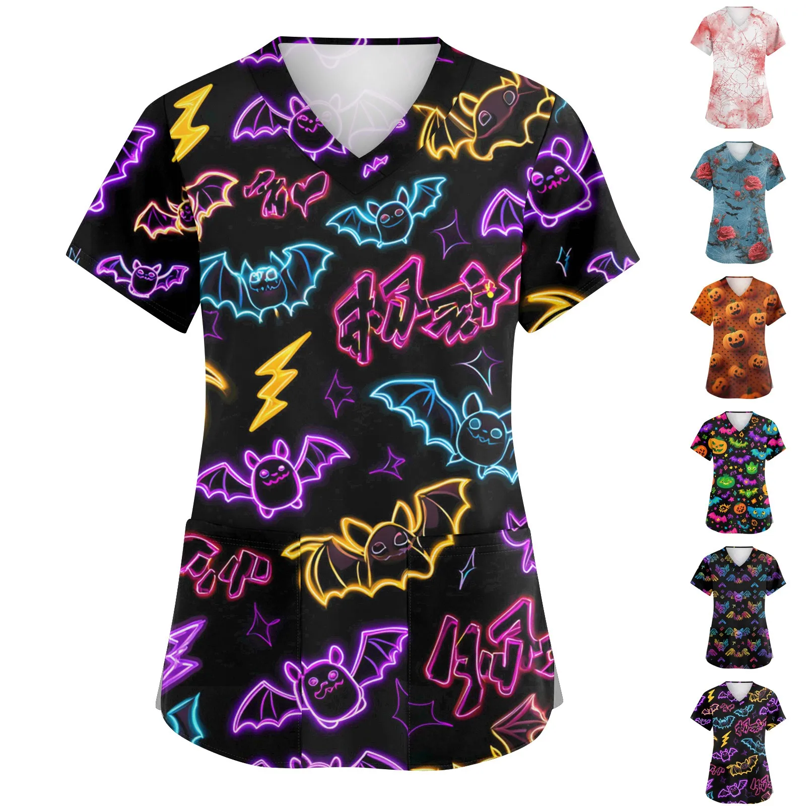 Uniforme chirurgica Donna Stampe di Halloween Scrub Donna medica Casual Scollo a V Manica corta Tasca applicata Uniforme infermieristica per le donne