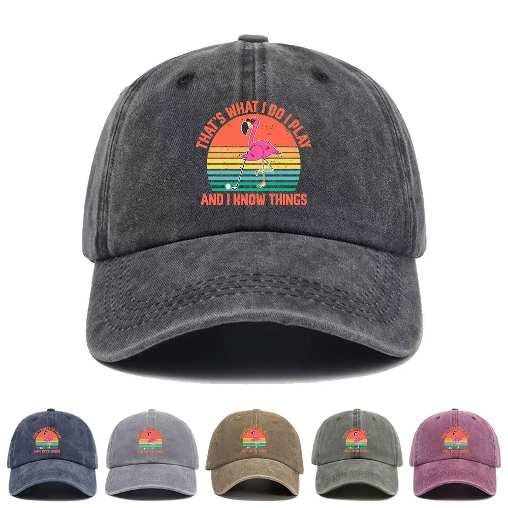 Vintage Washed Baseball Cap Flamingo That's What I Do I Play And I Know Things Print Graphic Unisex Streetwear Casual Cotton Hat