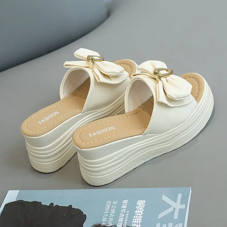 Bow Shaped One Line Slipper For Women In Summer, New Slope Heel Sandals, Fairy Style Thick Soled High Heel Women'S Slippers