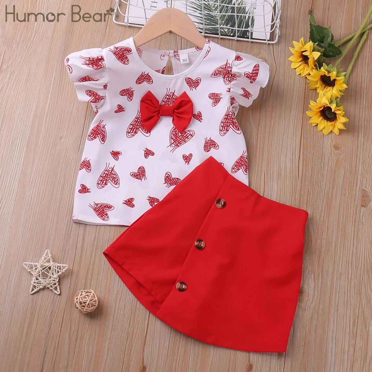 Humor Bear Girls Clothes Set Summer Flying-Sleeve Heart Printed T-Shirt + Shorts 2pcs Casual Children Clothes