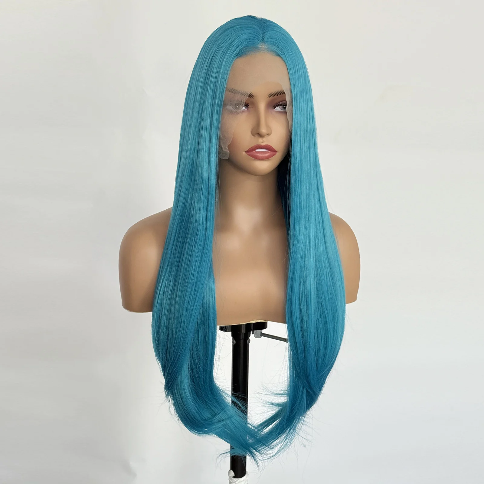 باروكة دانتيل زرقاء طويلة مستقيمة باروكات أمامية من الدانتيل للنساء 13 × 4 شعر صناعي جزء مجاني للاستخدام اليومي خط شعر طبيعي للحفلات التنكرية #4