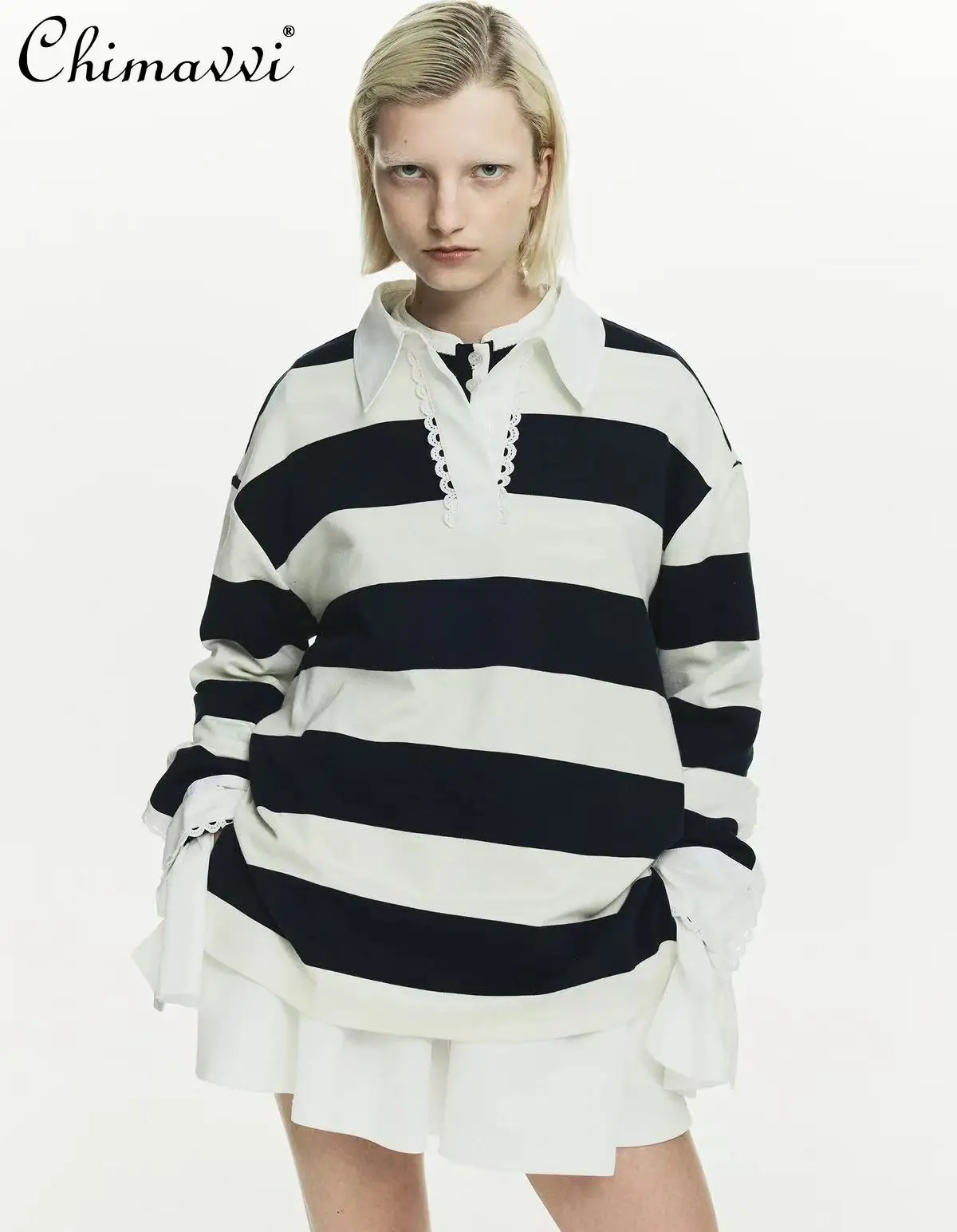 

Japanese Style Fashion Lace Polo Collar Striped Top Spring Autumn New Sweet Girl Long Sleeve Loose Casual Women's T-Shirt Top