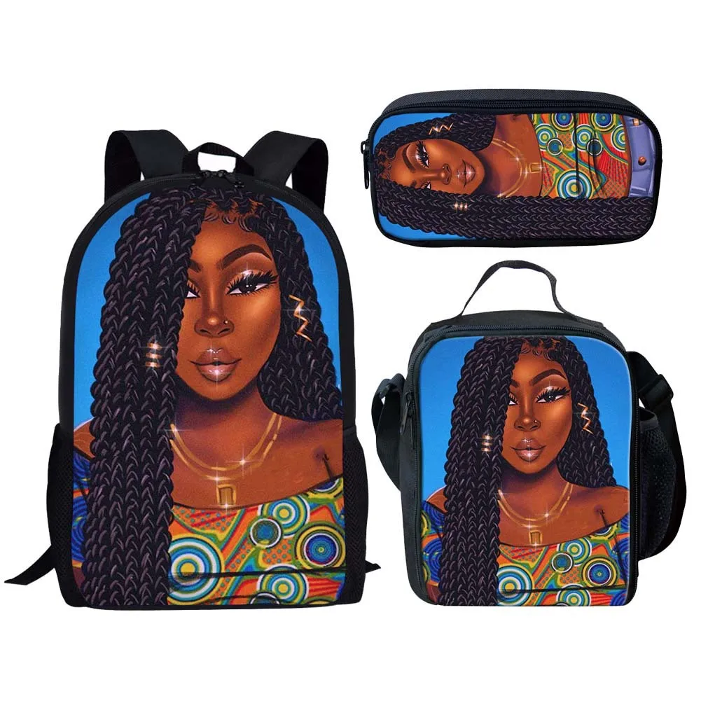 Popular Cartoon Trendy African Girls 3pcs/Set Backpack 3D Printed Student Bookbag Travel Laptop Daypack Lunch Bags Pencil Case