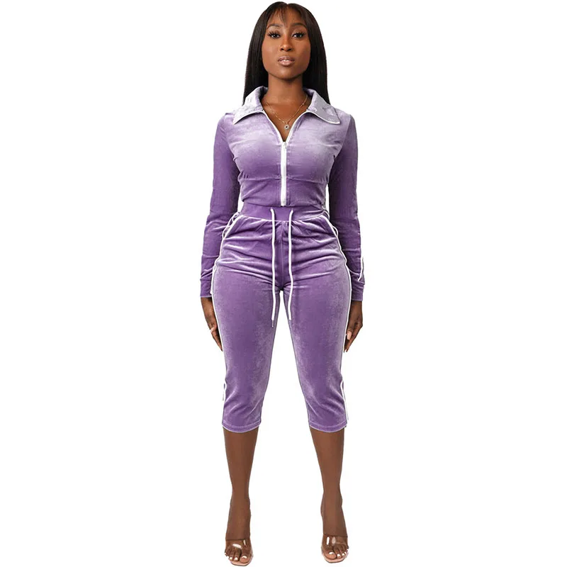 Doyerl Activewear Velvet 2 Pieces Set for Women Fall Clothes Sporty Fitness Long Sleeve Jacket and Calf-length Pants Track Suit