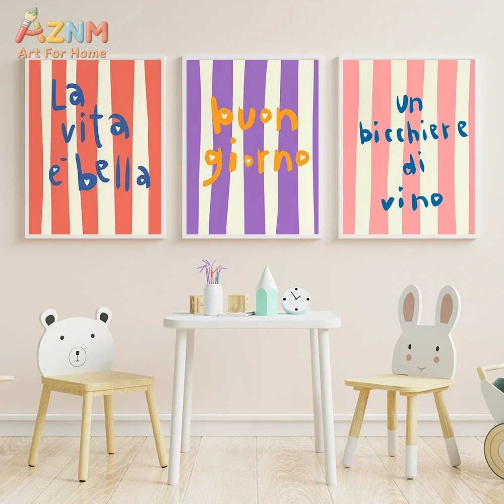 AZNM Italian Quote Typography Canvas Wall Art, Colorful Stripe Ciao Bella La Dolce Vita Aesthetic Kitchen Home Decor Unframed Pa