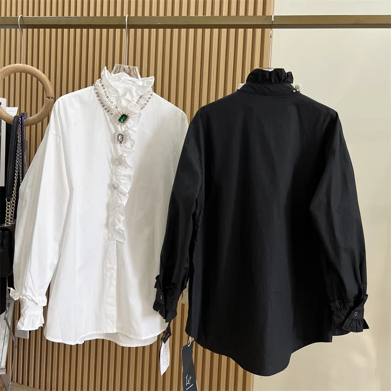 Luxury Sparking Rhinestone Beading White Black Shirts and Blouses for Women Autumn Spring New Long Sleeve Mid-Length Top Female