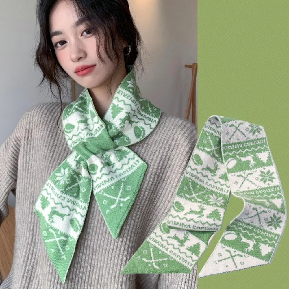 Cute Deer Winter Knitted Scarves Jacquard Korean Style Women Scarf Windproof Bow Tie Woolen Neckerchiefs New Year Gift