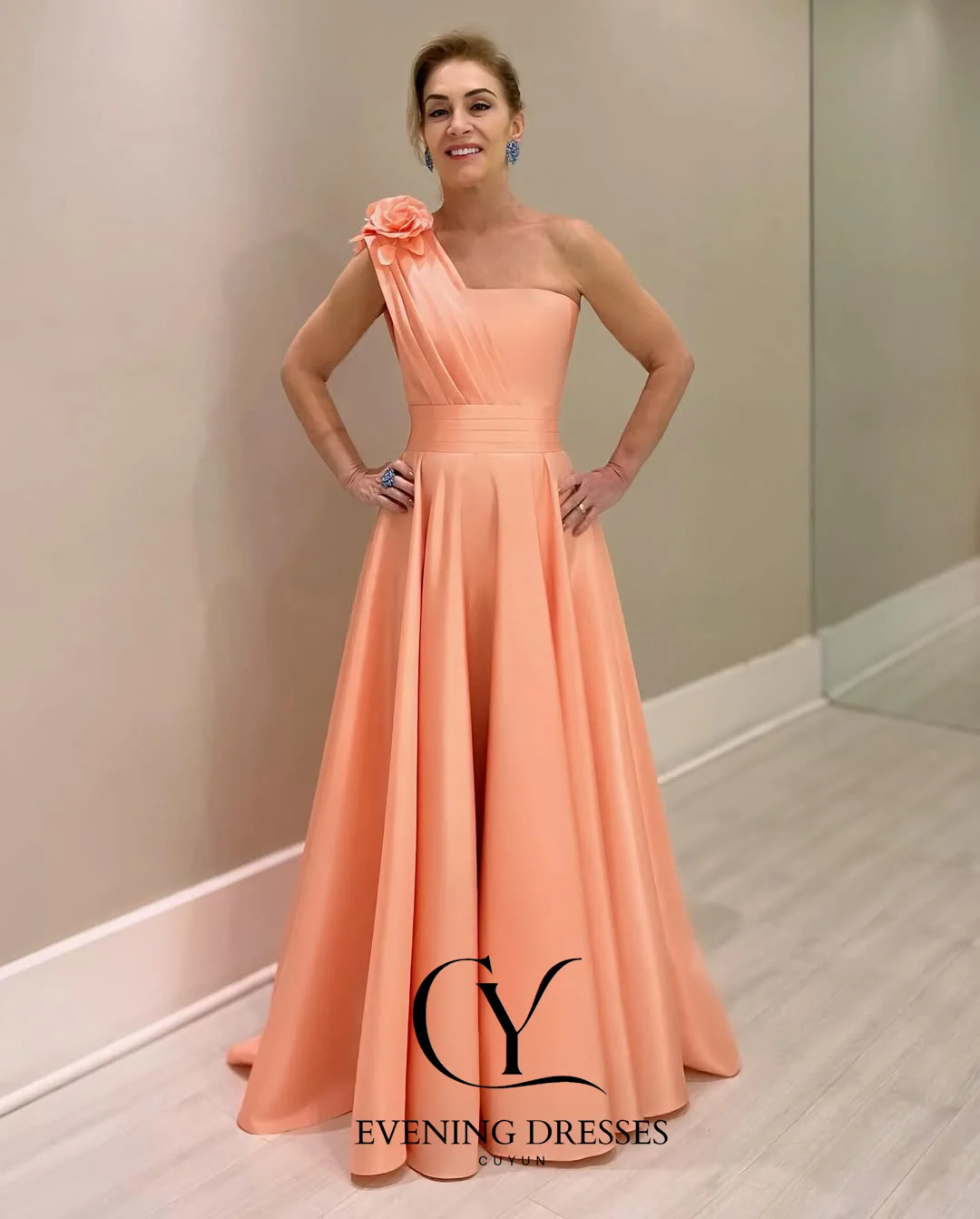 CUYUN-vestidos de fiesta elegantes para invitados de boda, vestido de noche de flores hecho a mano con un hombro, vestido de fiesta de satén de línea A personalizado