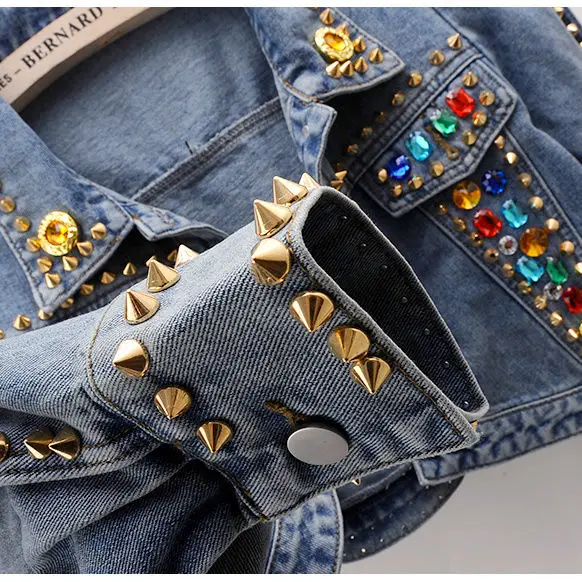 New Fashion Rive Denim Coat for Women Colorful Faux Gemstone Denim Jacket Hip Pop Streetwear Clothes Women Jackets