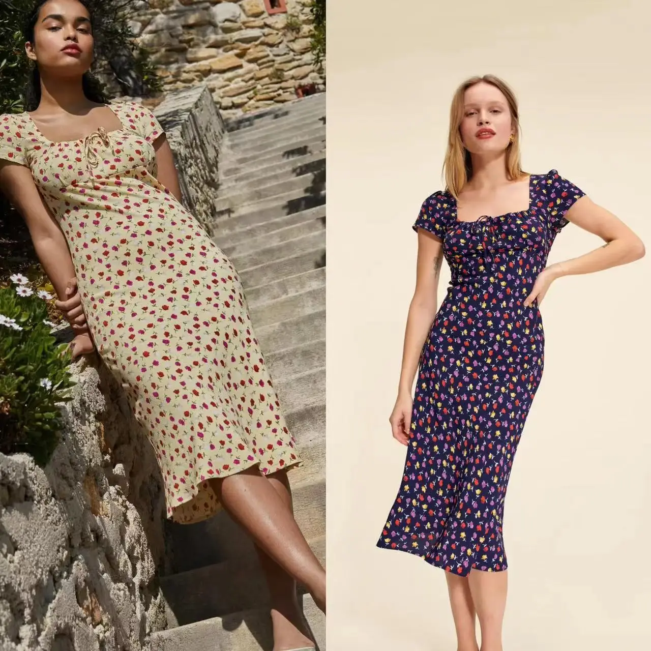 

French Sle Summer New Ruffle Sve Silk Print Square Collar Belted Slim Fit Dr High Waist A-Line Skirt ort Sve Dr