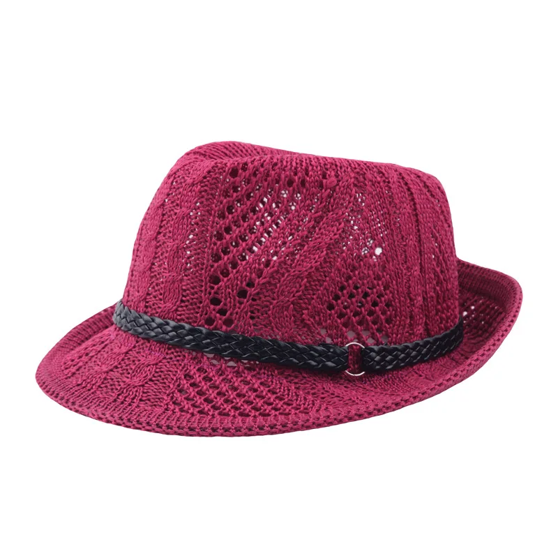 Summer Women\'s Knitted Mesh Breathable Curled Jazz Hat Leather Belt Panama Hat