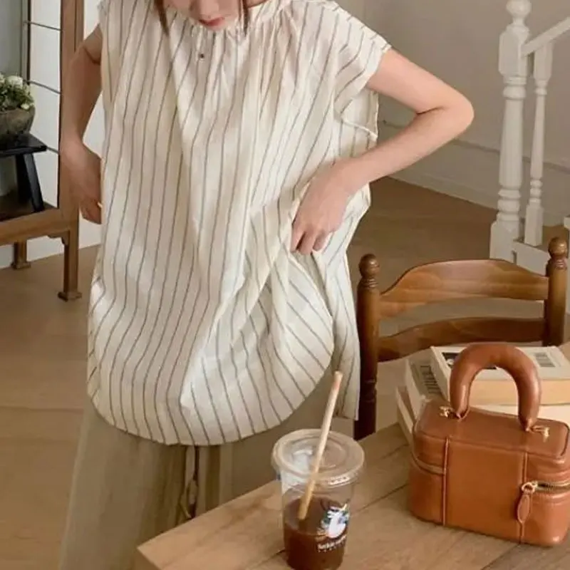 Casual Korean Striped Blouse Women's Clothing Sleeveless Loose Summer Commute Fashionable Spliced Basic O-Neck Vintage Shirts