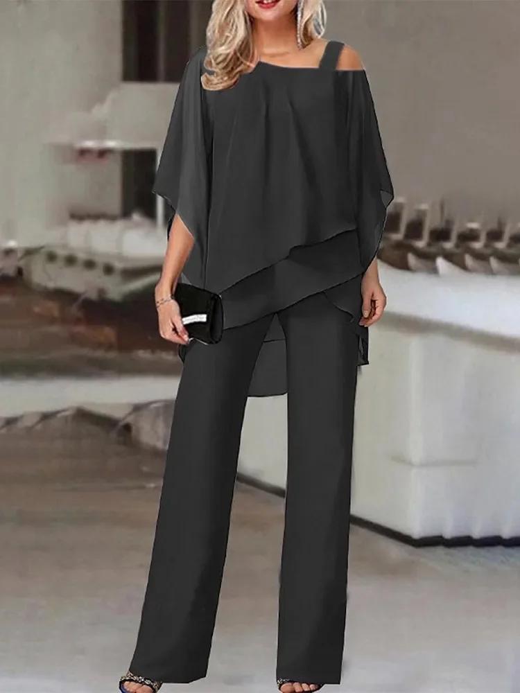 Damen-Hosen-Sets, Zweiteiliges Casual Sexy Off-Shoulder-Bluse mit halben Fledermausärmeln & OL Weite Lose Hose, Anzug für Frühling und Herbst, Neu