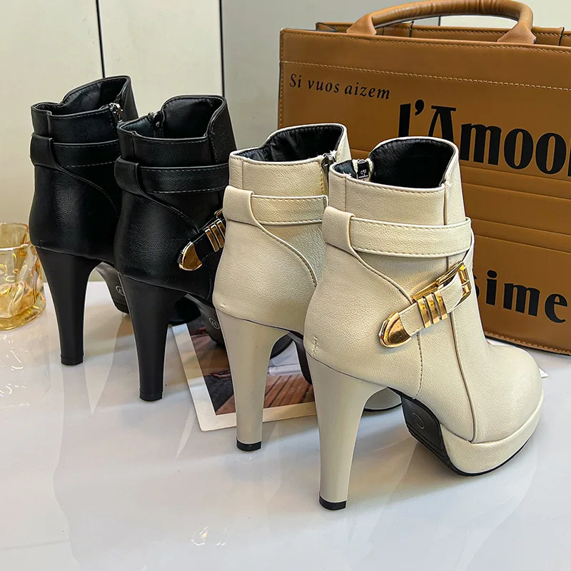 Botas de mujer de talla grande, moda Otoño Invierno 2023, zapatos de tacón con hebilla para cinturón, zapatos de tacón de aguja con cremallera lateral, botines para mujer