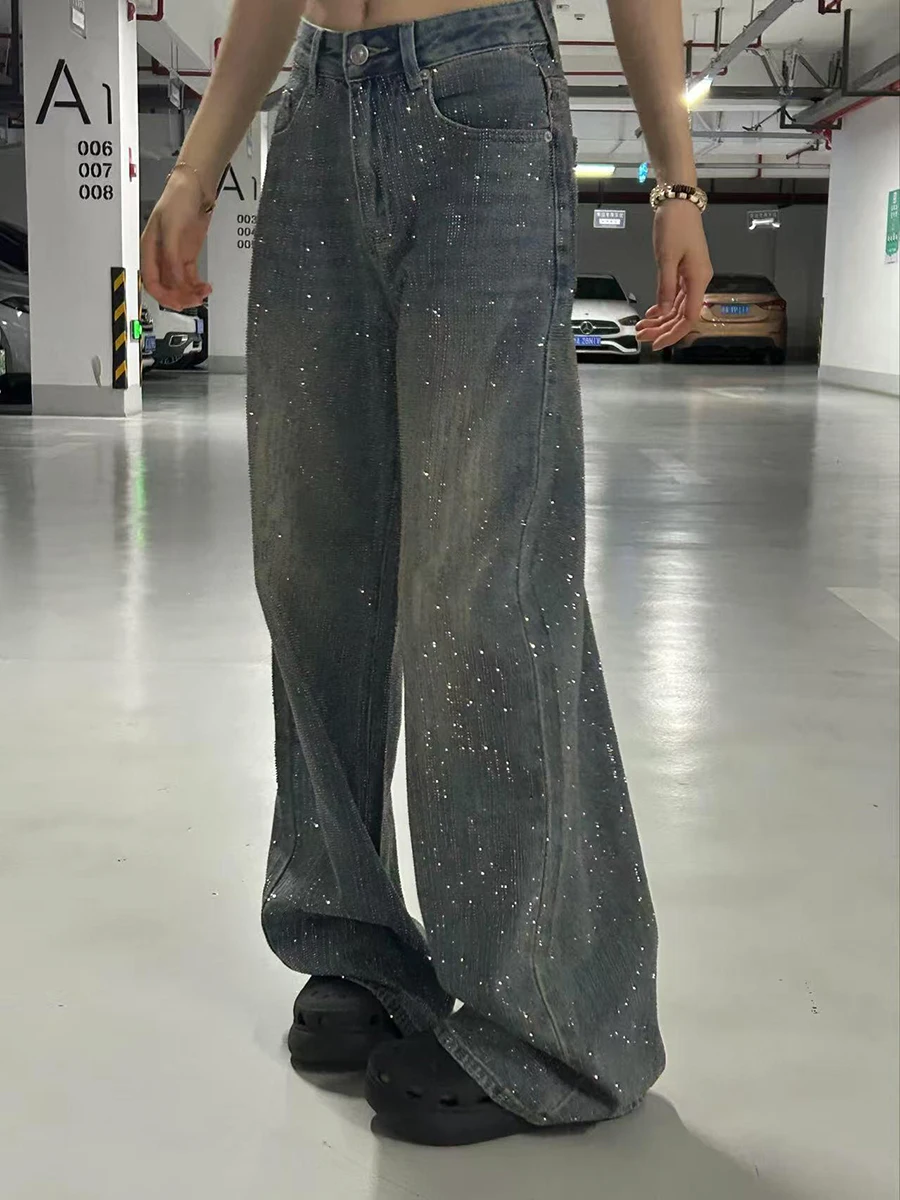 Pbap brilho strass azul baggy jeans feminino cintura alta bigodes fazer velho denim perna larga calças retas y2k vintage streetwear