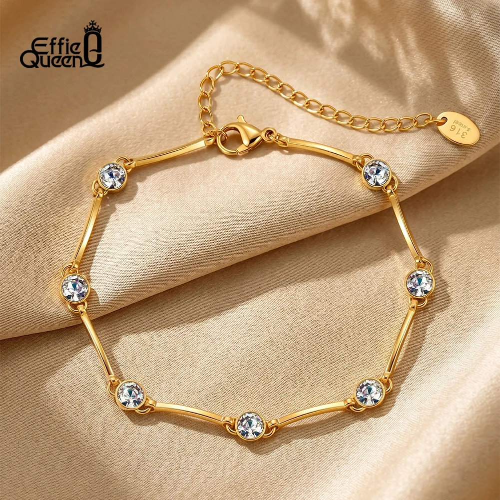 EFFIE QUEEN Stainless Steel CZ Bangle Bracelet For Women Wedding 18K Gold Plated Charm Cubic Zirconia Link Chain Bracelet HTKB02