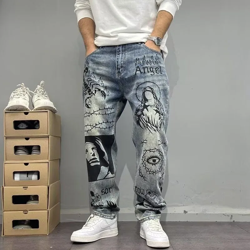 Autumn and Spring New Fashion Trend Printed Straight Leg Sports Denim Pants Men…