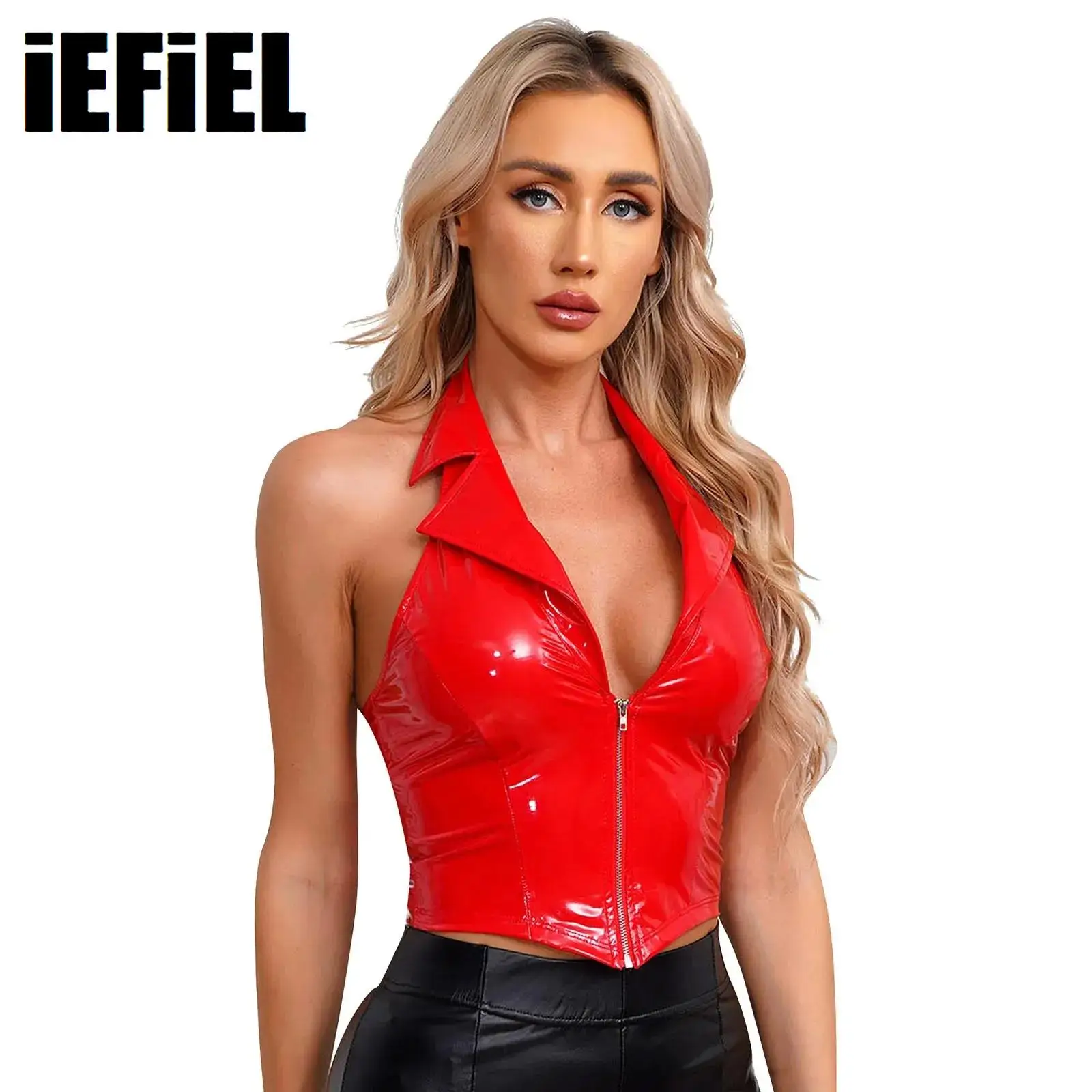 

Women Lapel Backless Vest Glossy Patent Leather Vest Halter Notch Deep V Neck Front Zipper Slim Fit Waistcoat Sexy Clubwear