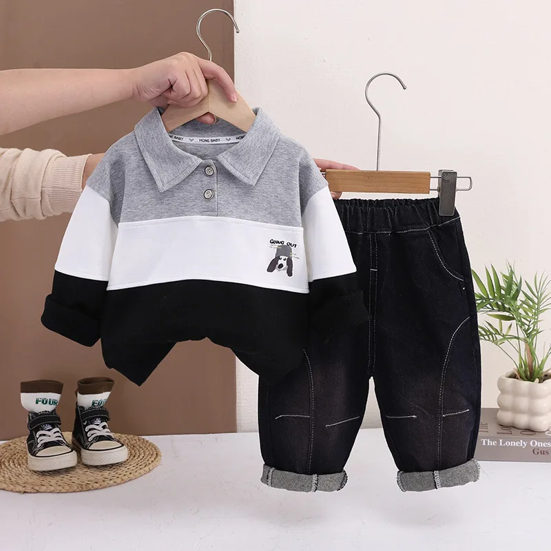 Toddler Baby Boys 2 Piece Outfits Color Polo Collar Sweatshirt + Denim Pants Set Cute Cartoon Dog Print Kids Casual Clothes 0-5Y