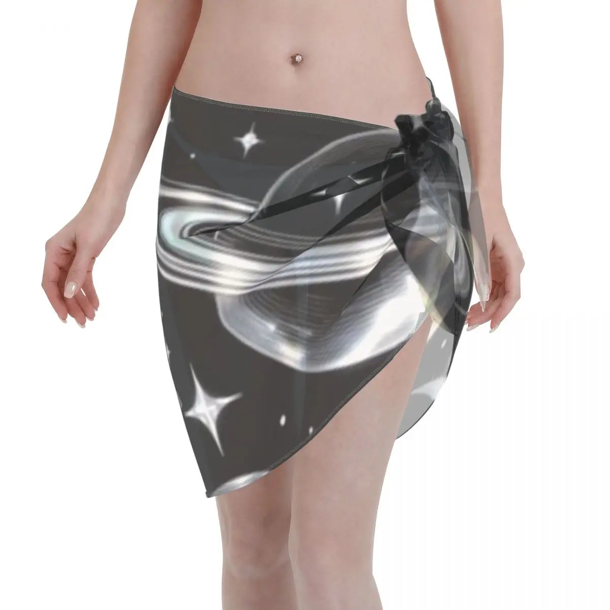 

Promotion Holographic Celestial Pattern Moons Stars And Planets On Black Women's Beach Wrap SkirtSeaside Brunch Cover Up Dress