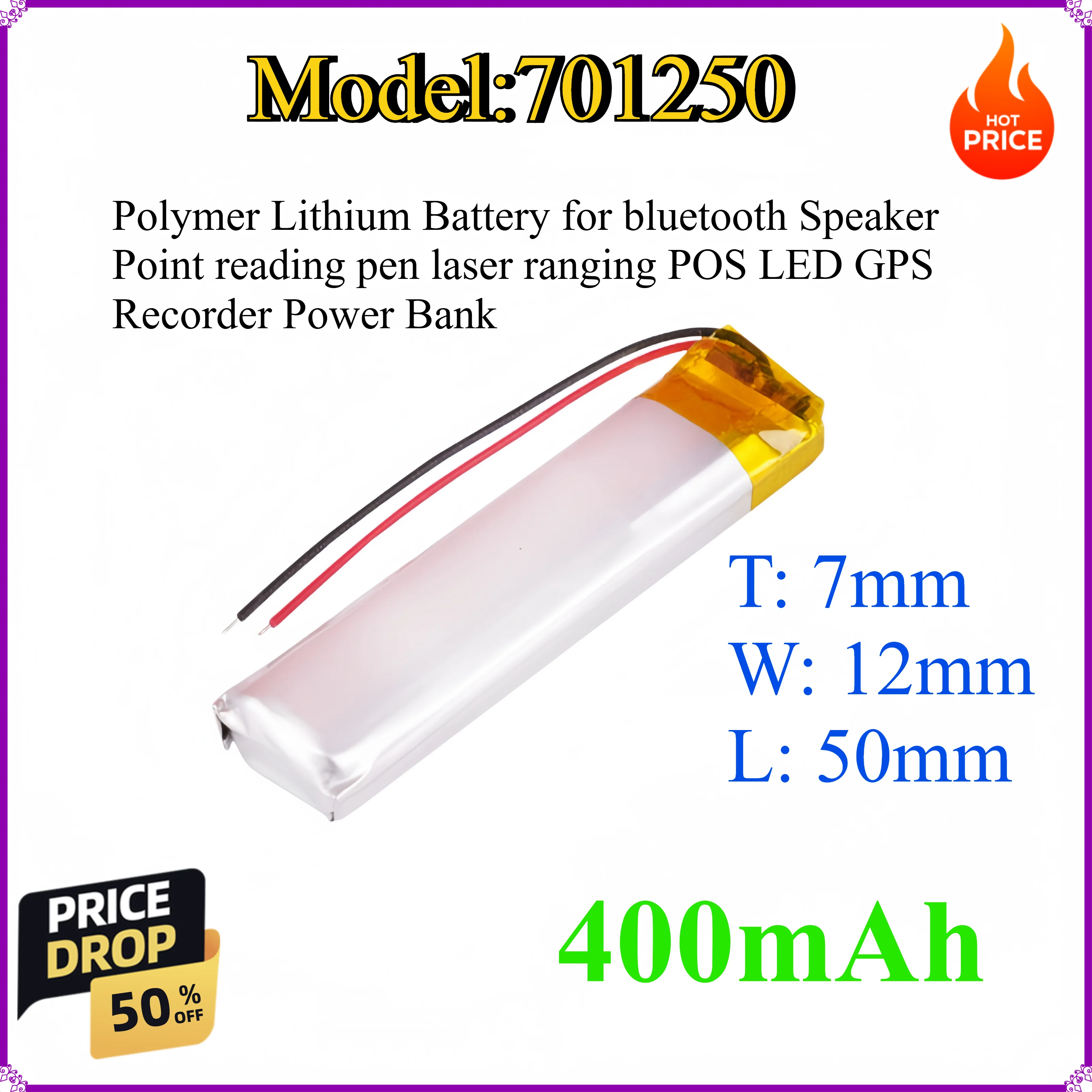 

701250 400mAh Polymer Lithium Battery for bluetooth Speaker Point reading pen laser ranging POS LED GPS Recorder Power Bank