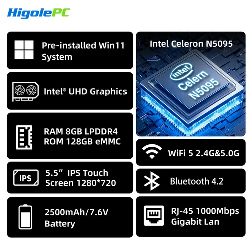 Imagen 2 del producto Higole Gole 2 Pro 5,5 ''Mini PC Intel N5095 Windows 11 WiFi5 8/16 128/256G 2500mAh pantalla tableta portátil PC de escritorio Mini ordenador