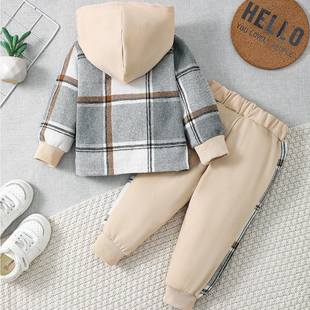 Fashion Autumn Toddler Baby Boys Plaid Hooded 2Pcs Outfit Jacket+Pants for 0-3Y Newborn Infant Casual Daily WearClothing Set