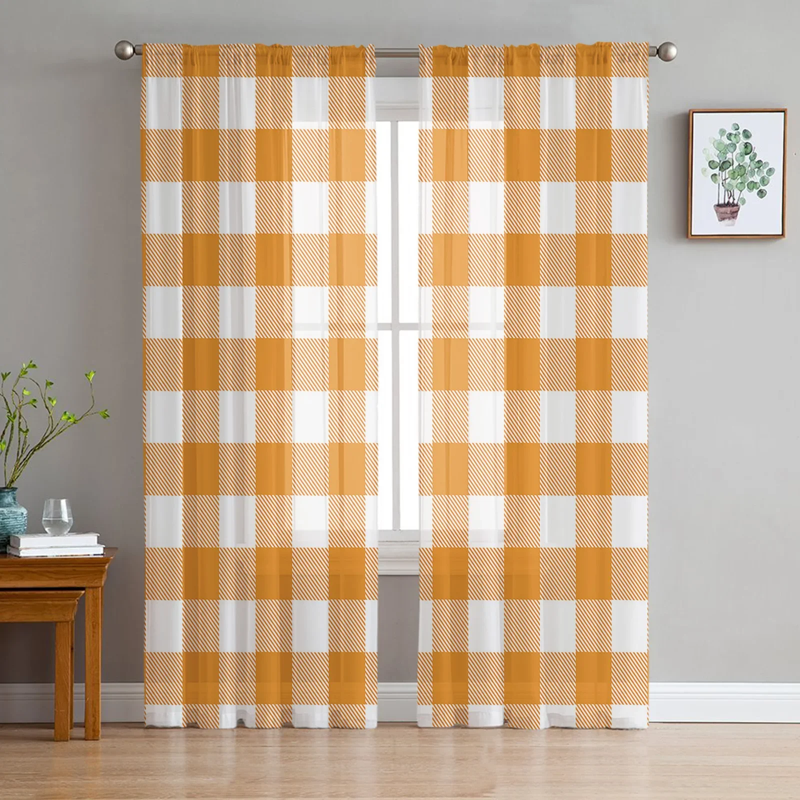 

Pastoral Wine Orange Plaid Tulle Sheer Curtains for Living Room Home Balcony Decor Curtain for Cafe Voile Window Curtains