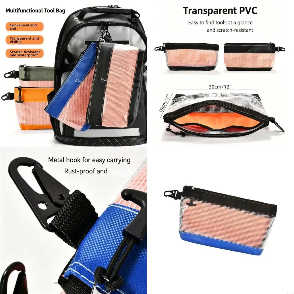 L43A Clear Storage Bag, Zippered Tool Pouches, 30x18cm Utility for Grouped Small Parts, Repair Gear and Daily Carry