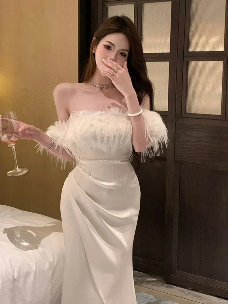 One-shoulder N63 evening dress for women, waist-length temperament banquet toast fishtail long skirt