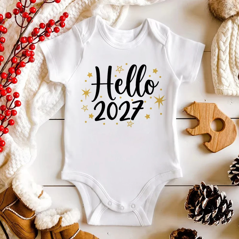 Hello 2027 New Year Baby Boys Girls Clothing Cute Infant Bodysuit Soft Casual Red Short Sleeve Romper 0-24M