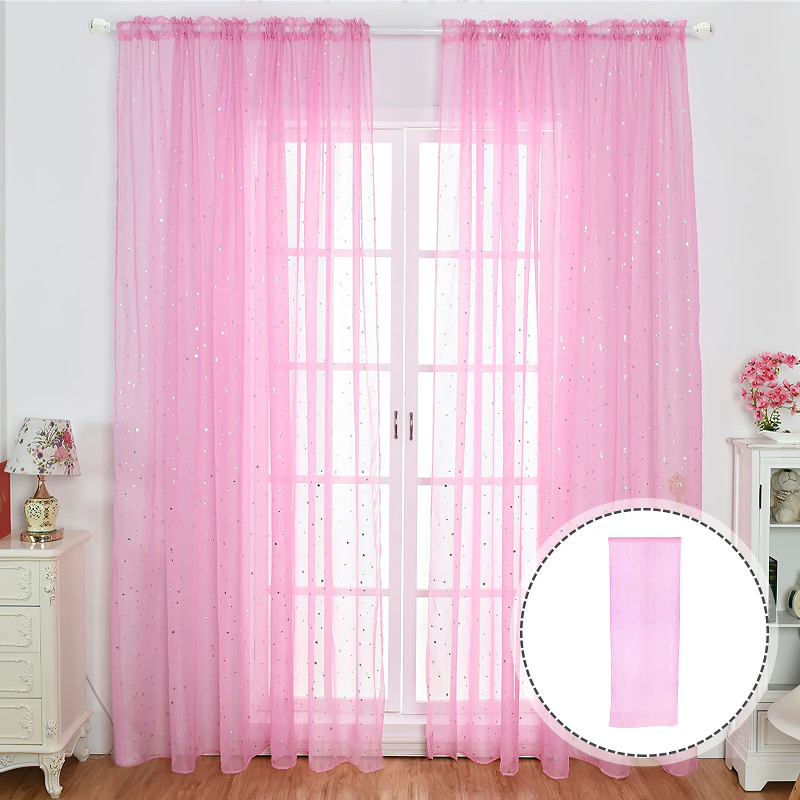

1pcs Sheer Curtains 100X270Cm Pink Star Foil Print Voile Panel For Bedroom Living Room Silver Star Tulle Window Curtain