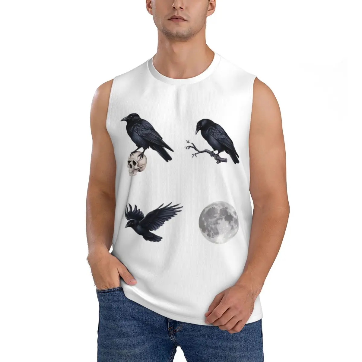 Trendy Black Raven Crow ,skull And Moon Pack Men Sleeveless Tank Tops Quick Dry Breathable Gym Fitness Running Summer Sport Vest