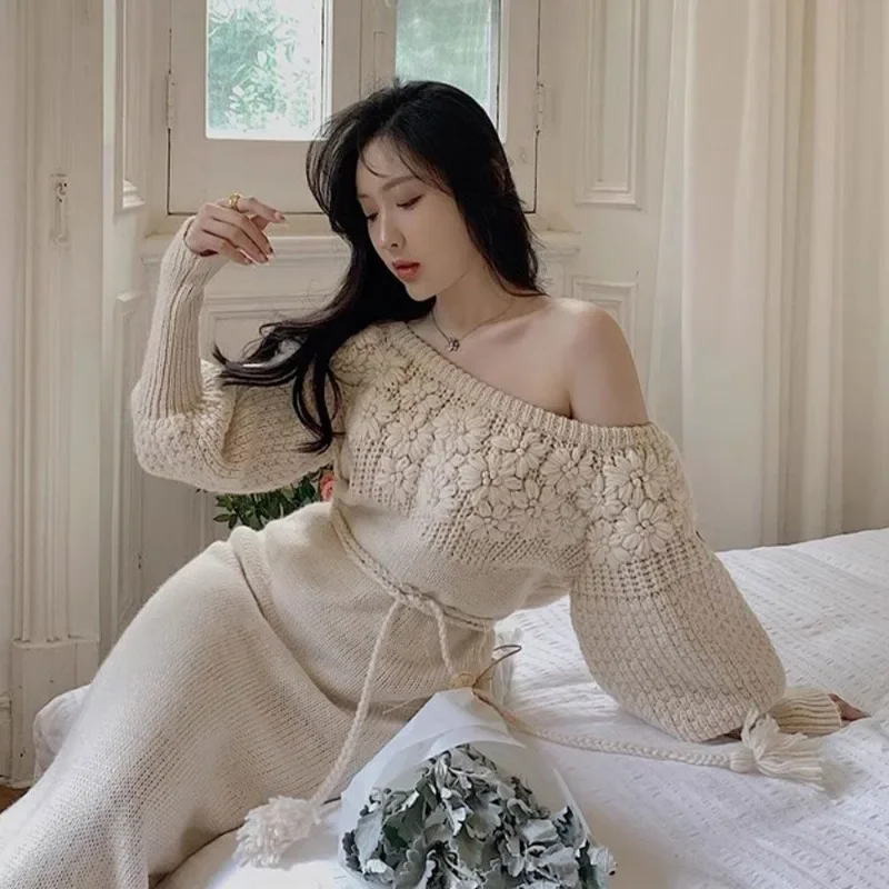 Shpmishal 2025 موضة الخريف ثلاثية الأبعاد هوك زهرة عالية الشق قبالة الكتف فستان طويل قصير متماسكة سترة الملابس النسائية