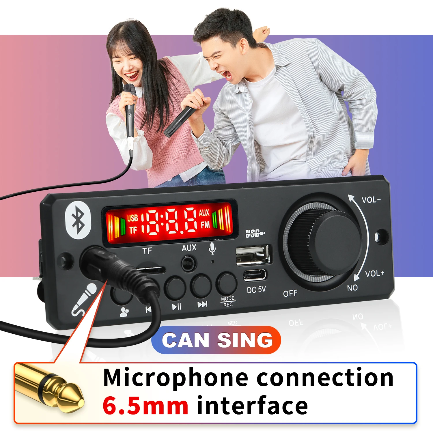 DC 5V 6W Amplifier MP3 Decoder Board 6.5mm Microphone Bluetooth Handsfree Car MP3 Player TF AUX USB Record FM Radio for Phone